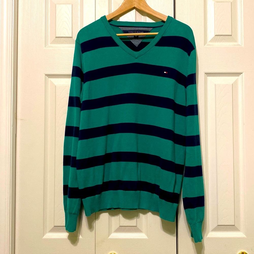 Blue Green Striped V-neck  Sweater
